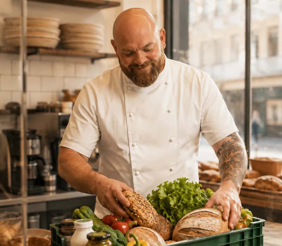 Ein Bäcker in weißer Arbeitskleidung stellt Backwaren für die Weitergabe zusammen.