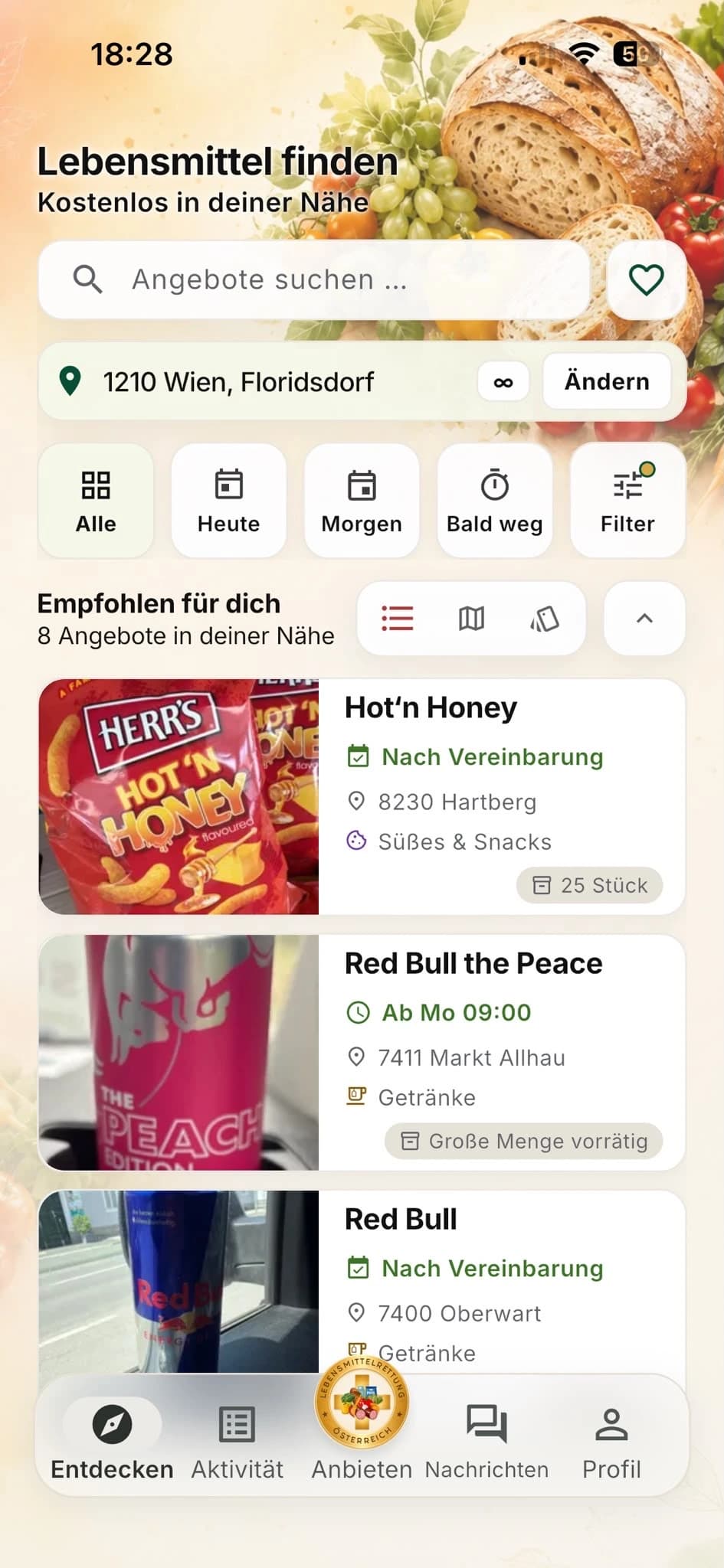 RetterApp-Bildschirm „Lebensmittel finden“ mit Suche, Standort und Angeboten in der Nähe.